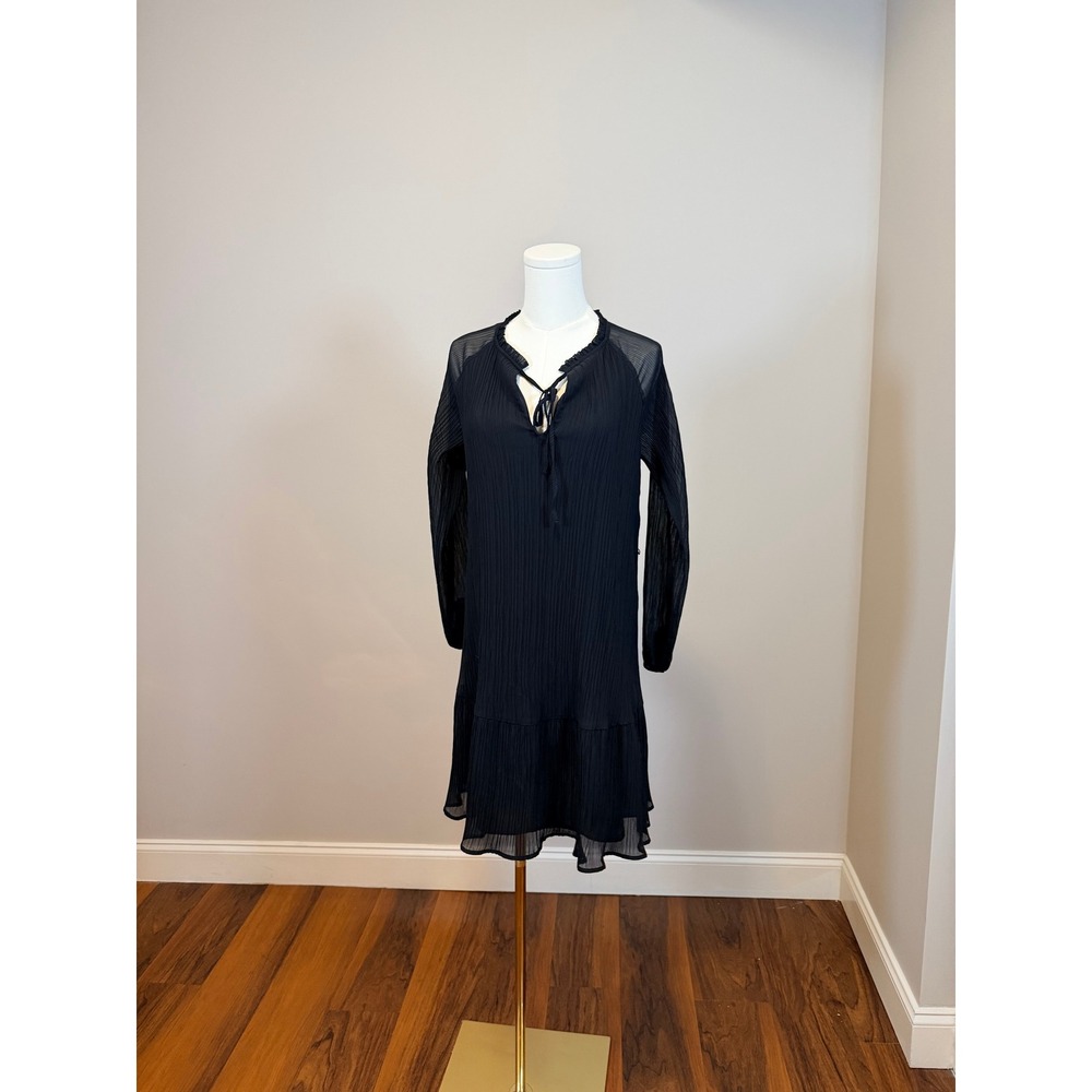 Loft Black Pleated Ruffle Tie Neck Sheer Sleeve Shift Dress Small
